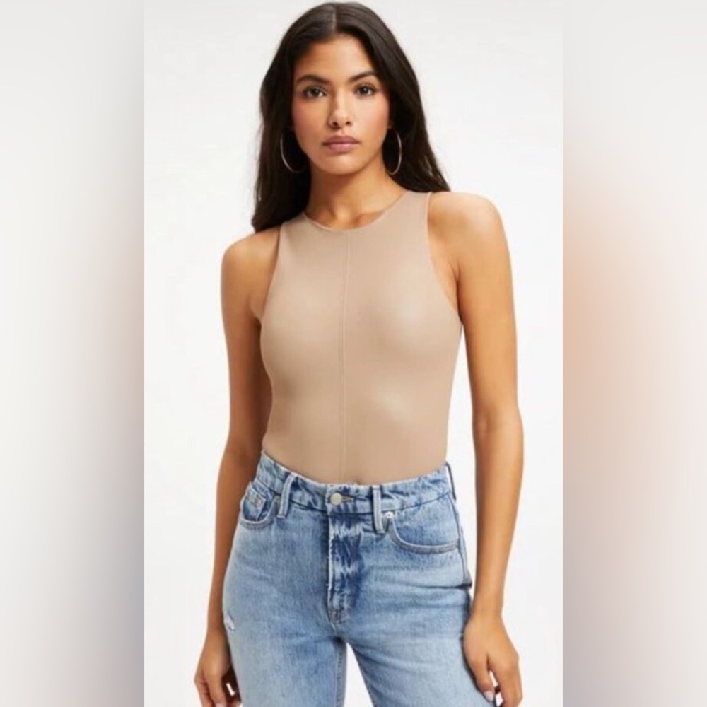 Good American High Neck Faux Leather Bodysuit, NWT, Size 7, Taupe, MSRP $95